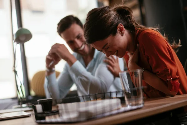 Businessman Businesswoman Coffee Break Colleagues Talking Laughing While Drinking Coffee Stock Image