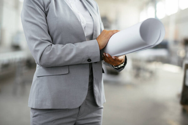 Young Business Woman Holding Blue Prints Female Architect New Project Stock Photo