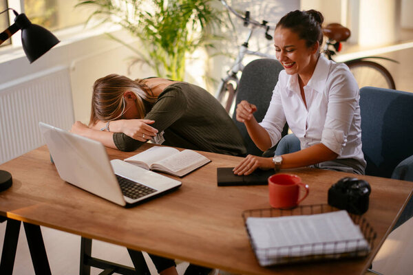 Two Women Working Together Office Beautiful Young Women Having Fun Royalty Free Stock Photos