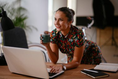 Ofiste bilgisayarla çalışan güzel genç bir iş kadını.