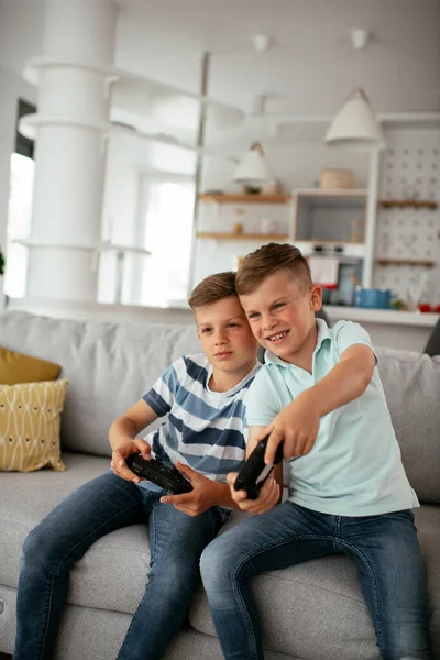 Happy brothers playing video games. Young brothers having fun while playing video games in living room.