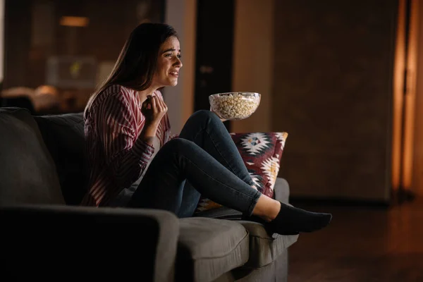 Beautiful Woman Watching Movie Night Sitting Couch Living Room Home — Stock Photo, Image