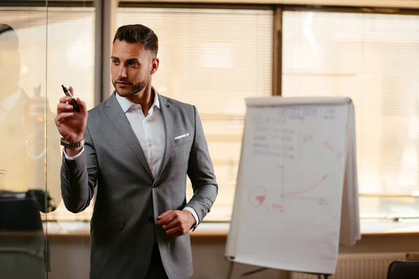 Uomo Affari Sulla Presentazione Una Nuova Strategia Aziendale Foto Stock