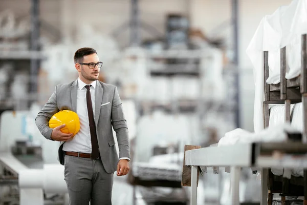 Portrait of businessman in a grey suit with a yellow protective helmet in factory.