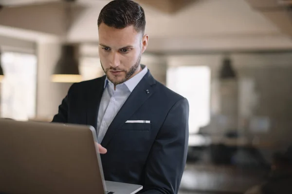 Retrato Homem Negócios Usando Computador Escritório Empresários Trabalhando Laptop — Fotografia de Stock