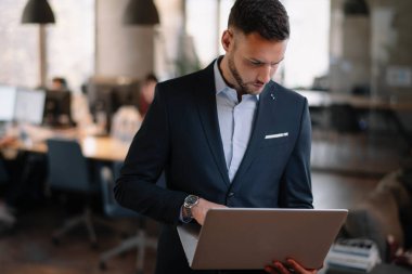 Ofiste bilgisayar kullanan iş adamının portresi. Dizüstü bilgisayarda çalışan iş adamları.