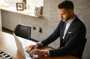 Çalışma masasında dizüstü bilgisayar kullanan yakışıklı iş adamının portresi 