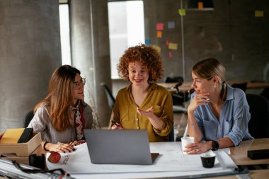 İş kadınları yeni bir proje üzerinde çalışıyor. İş arkadaşları ofiste iş tartışıyor.