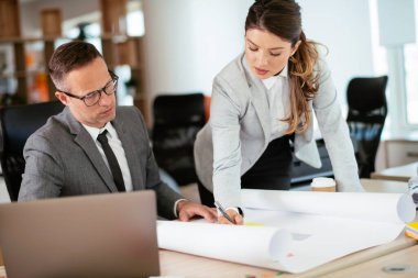 Ofiste birlikte çalışan meslektaşlar. Genç iş kadını ve işadamı yeni projede birlikte çalışıyorlar.