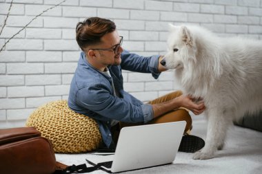 Adam dizüstü bilgisayarla çalışırken köpeğiyle yerde oynuyor. Samoe köpeğiyle oynayan adam..