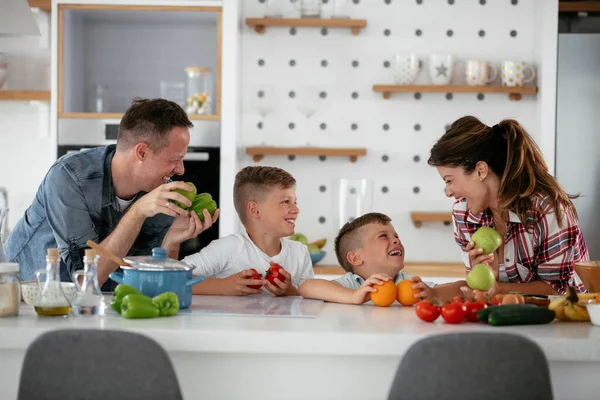 Mother Father Making Breakfast Sons Young Family Preparing Delicious Food — Stock Photo, Image