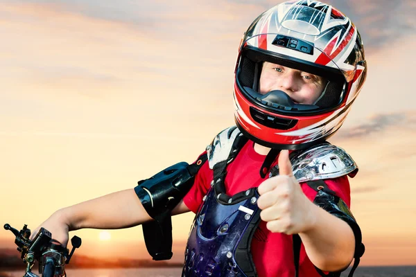 Handicapped quad bike rider doing thumbs up. — Stock Photo, Image