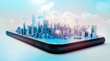 Akıllı şehir hologramının kavramsal 3D görüntüsü akıllı telefon ekranında. Açık mavi gökyüzü arkaplanına karşı binalar arasındaki bağlantı simgeleri.
