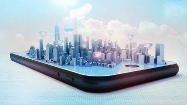 Conceptual 3D render of smart city hologram on smartphone screen. Wifi icons connections between buildings against light blue sky background. clipart