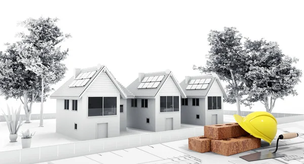 Illustratie Van Conceptuele Condominium Dorpshuis Model Plan Gele Bouwhelm Handsteenlegger — Stockfoto