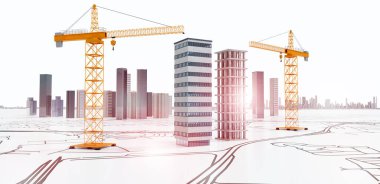 Şehir planlamasının kavramsal 3 boyutlu tasarımı. Gökdelenler ve inşaat halindeki binalar ve planlı sarı vinçler.