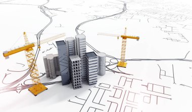 Kavramsal şehir planlamasının 3D çizimi. Şematik planda inşaat vinçleri olan ofis binalarının üst görüntüsü..