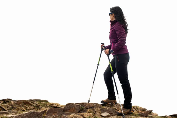 Retrato Vista Trasera Una Joven Excursionista Ropa Deportiva Bastones Para —  Fotos de Stock