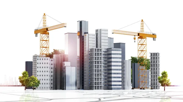 Render Conceptual Urban Building Construction Multiple Skyscrapers Buildings Construction Cranes — Stock Photo, Image