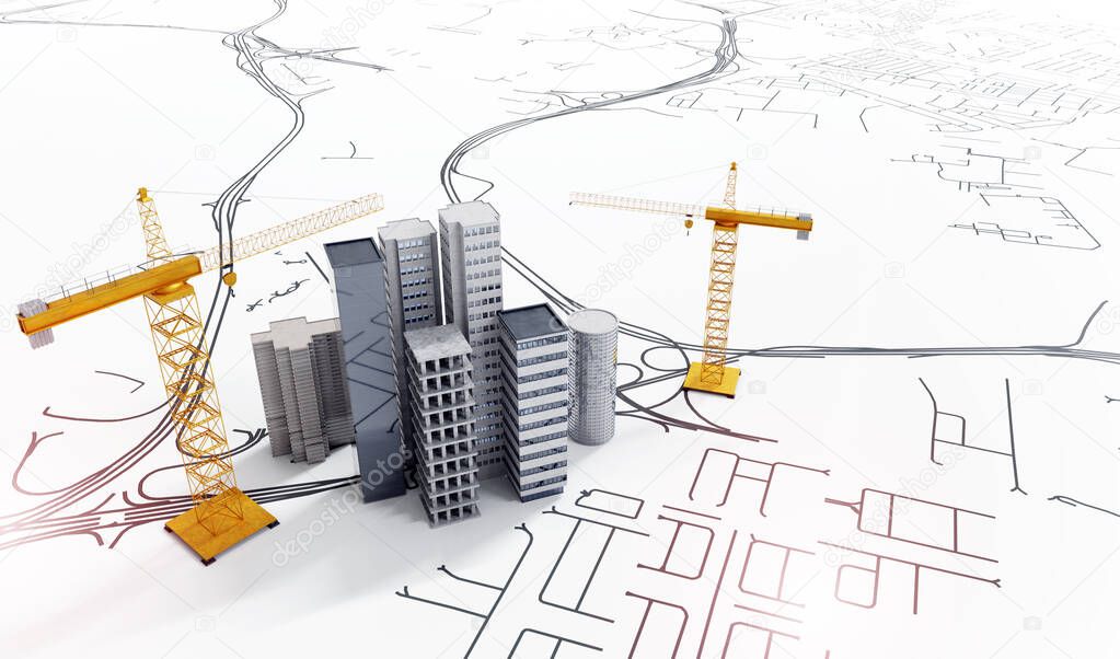 3d illustration of conceptual city planning.Top view of office buildings with construction cranes on schematic layout.