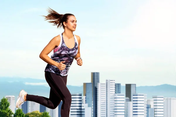 Närbild Porträtt Ung Kvinna Jogging Mot Stadens Skyline Side View — Stockfoto