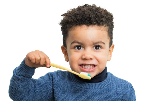 Close Portrait Little Afro American Boy Brushing Teeth Isolated White — 图库照片