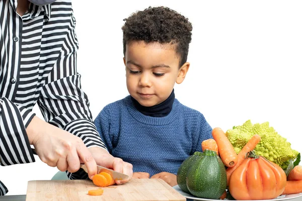 Close Portrait Little Afro American Boy Helping Chef Preparing Vegetable — Stock Photo, Image