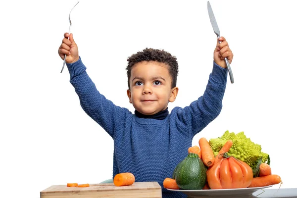 Primer Plano Retrato Divertido Lindo Niño Afroamericano Criando Cuchillo Tenedor —  Fotos de Stock