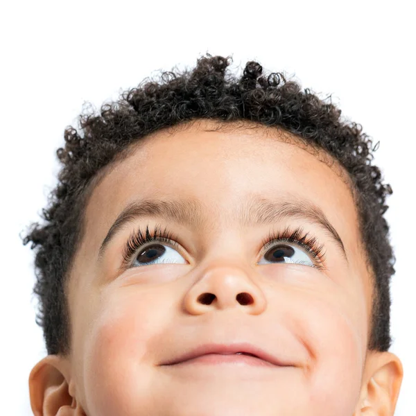 Extremo Close Face Shot Menino Afro Americano Olhando Para Canto — Fotografia de Stock