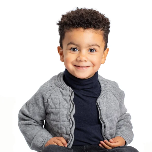 Close Studio Portrait Cute Afro American Boy Smiling Isolated White — Stock Photo, Image