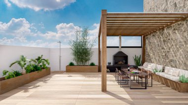 Üç boyutlu, sıcacık şömineli ve doğal bitkilerli şehir terası çizimi. Tahta pergola ve ahşap döşeme altında masa ve sandalyeler..