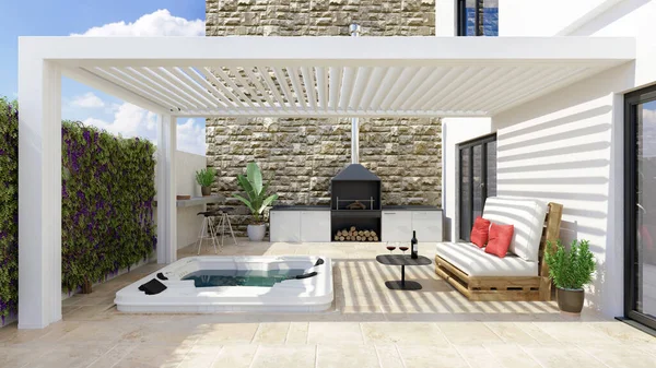 3D illustration of modern urban patio with white bioclimatic pergola and jacuzzi. Barbecue and white pallet couch next to hot whirlpool bath.