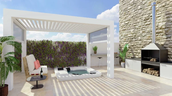 Representación Patio Urbano Moderno Con Pérgola Blanca Jacuzzi Aire Libre —  Fotos de Stock