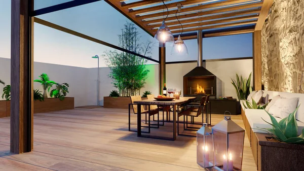 Ilustración Terraza Urbana Atardecer Con Chimenea Mesa Madera Pisos Pérgola — Foto de Stock