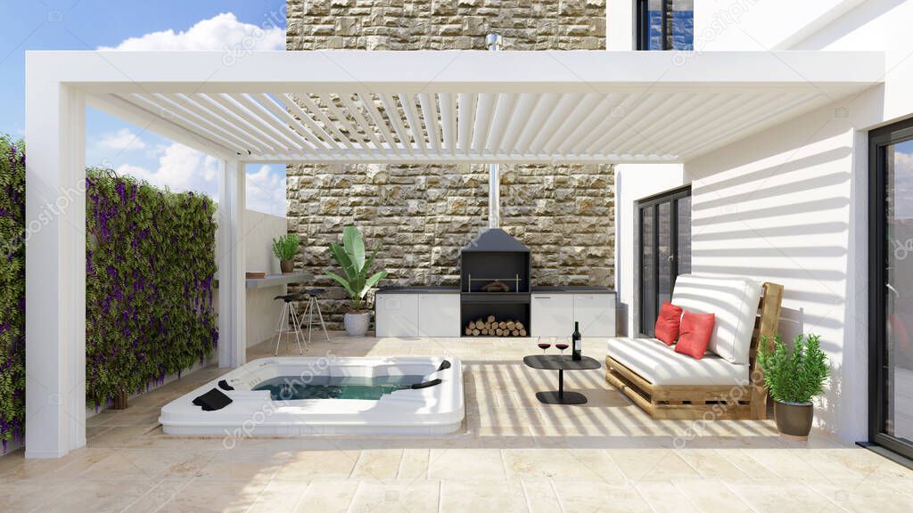 3D illustration of modern urban patio with white bioclimatic pergola and jacuzzi. Barbecue and white pallet couch next to hot whirlpool bath.