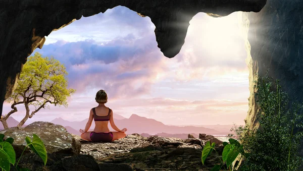 3D render of woman doing yoga in mountains at sunset. Rear view of girl sitting in cave entrance against mountain background.