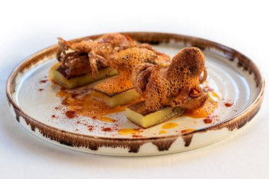 İştah açıcı ızgara bebek ahtapotunu patlıcan ve kırmızı biber sosuyla kapat..