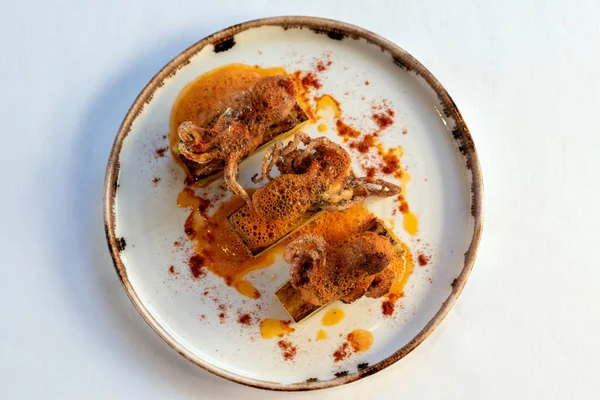 Top View Appetizing Grilled Octopus Dish Potatoes Red Paprika Seasoning — Stock Photo, Image