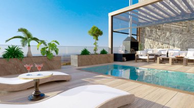 Yüzme havuzlu 3 boyutlu modern ahşap veranda. Şemsiyeli güverte sandalyeleri ve suyun yanında meyve kokteylleri. Biyolimatik pergola ve meşe ağacı döşemesi. 