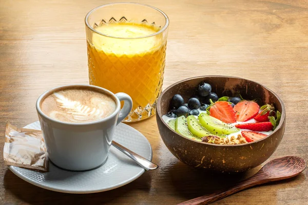 Близько Здорового Сніданку Мискою Свіжі Нарізані Фрукти Органічний Йогурт Натуральний — стокове фото