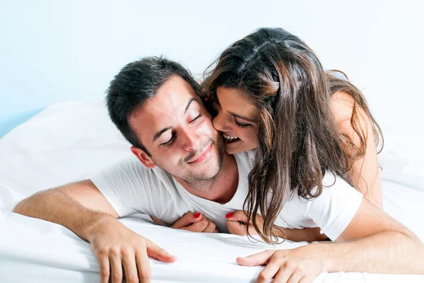 Early morning fun in bedroom. — Stock Photo, Image