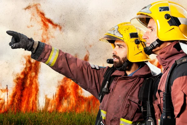 消防士はコンパニオンに火を示す. — ストック写真