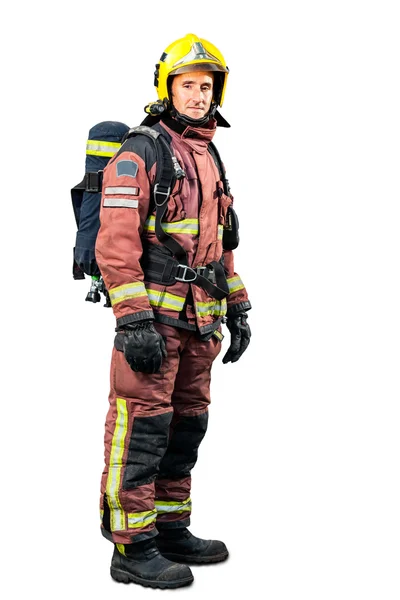 Feuerwehrmann in voller Länge porträtiert. — Stockfoto