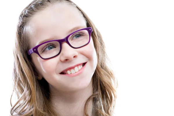 Aranyos lány szemüveges látszó-on felső sarokban. — Stock Fotó