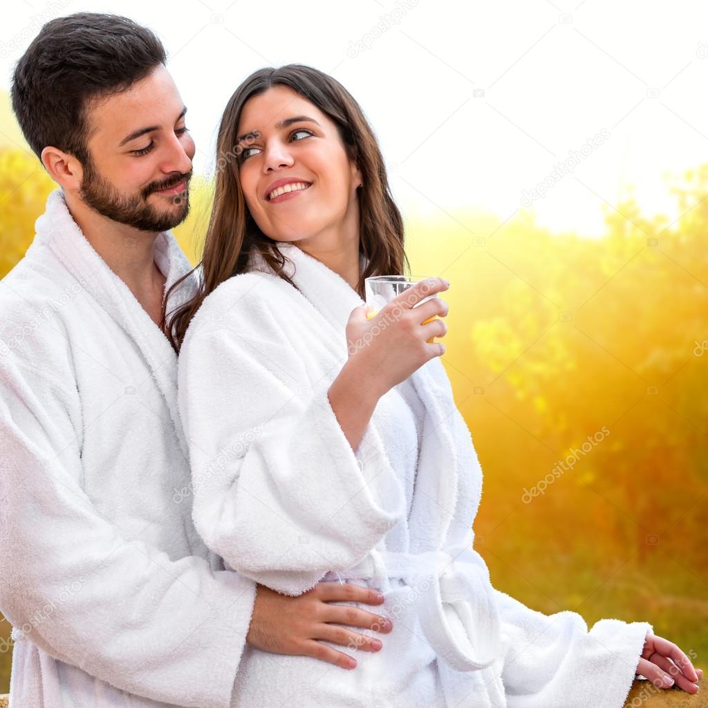 Cute young Couple in bathrobe.