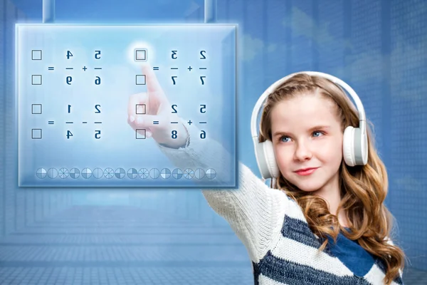 Girl touching futuristic digital screen. — Stock Photo, Image