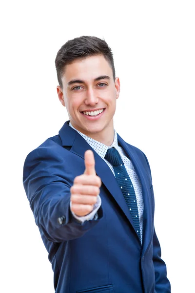 Jovem empresário de terno fazendo polegares para cima . — Fotografia de Stock