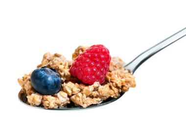 Makro yakın çekim kaşık ile meyve müsli.