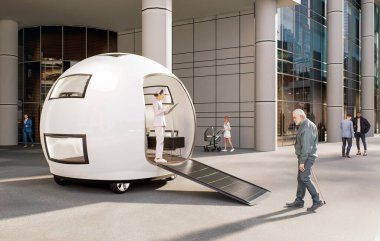 Kentsel bir çevrede park etmiş modern bir tıbbi modül. Küçültülmüş, gelecekçi klinikte erişilebilirlik rampası olan açık bir giriş var. İçeride, bir sağlık uzmanı elinde bir panoyla bir çalışma merkezinin yanında duruyor..