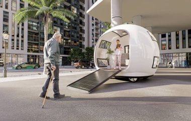 Kentsel bir çevrede park etmiş modern bir tıbbi modül. Küçültülmüş, gelecekçi klinikte erişilebilirlik rampası olan açık bir giriş var. İçeride, bir sağlık uzmanı elinde bir panoyla bir çalışma merkezinin yanında duruyor..